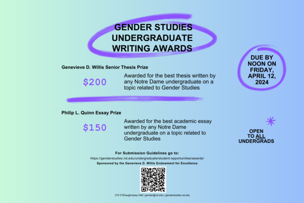 Gender Studies Undergraduate Writing Awards due by Noon Friday, April 12. Open to all Notre Dame undergrads. Prizes $200 Thesis and $150 Essay