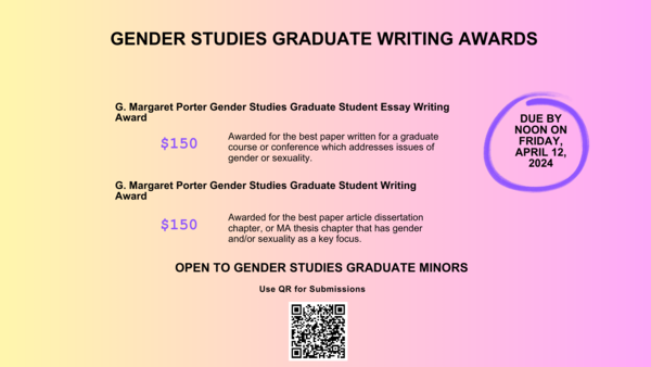G. Margaret Porter Gender Studies Graduate Writing Awards: $150 awarded for best essay and $150 for best article, dissertation chapter, or thesis chapter that has gender and/or sexuality as a key focus - due by noon April 12.