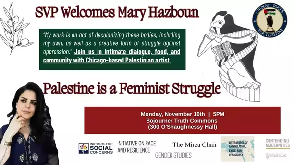 Mary Hazboun, a Chicago-based Palestinian artist, woman with long black hair and a drawing of a partially faceless woman in Palestinian dress. Palestine is a Feminist Struggle: Nov. 10, 5:00 PM, 300 O'Shaughnessy Hall. Join us for dialogue, food, and community.